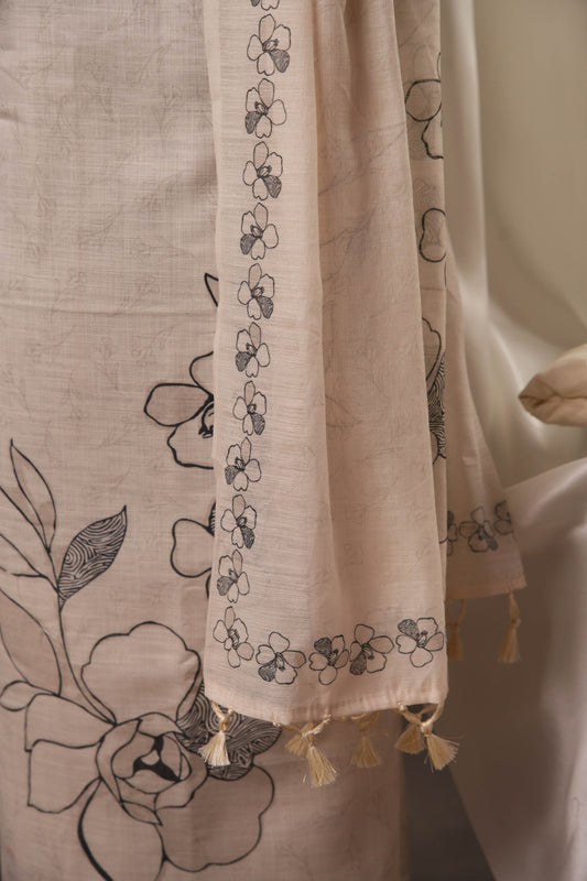 Outline Floral Off-White Unstitched Suit with Black Floral Print and Tassel Dupatta