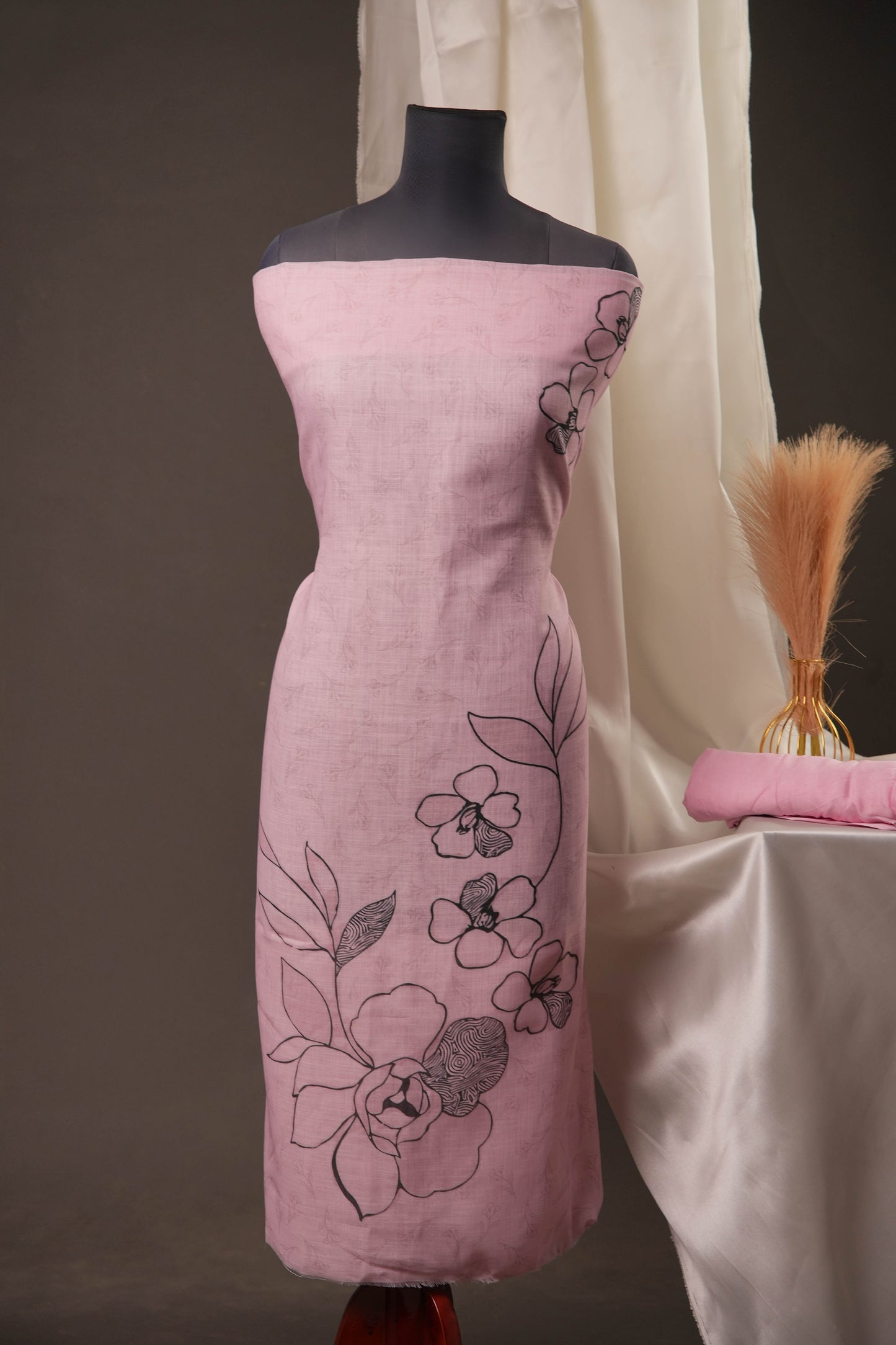 Outline Floral Pink Unstitched Suit with Black Floral Print and Tassel Dupatta