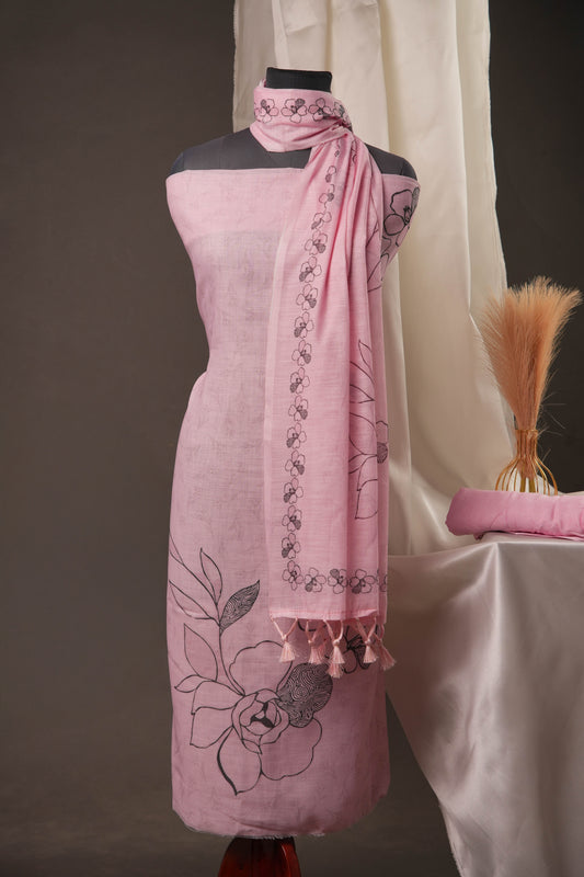 Outline Floral Pink Unstitched Suit with Black Floral Print and Tassel Dupatta