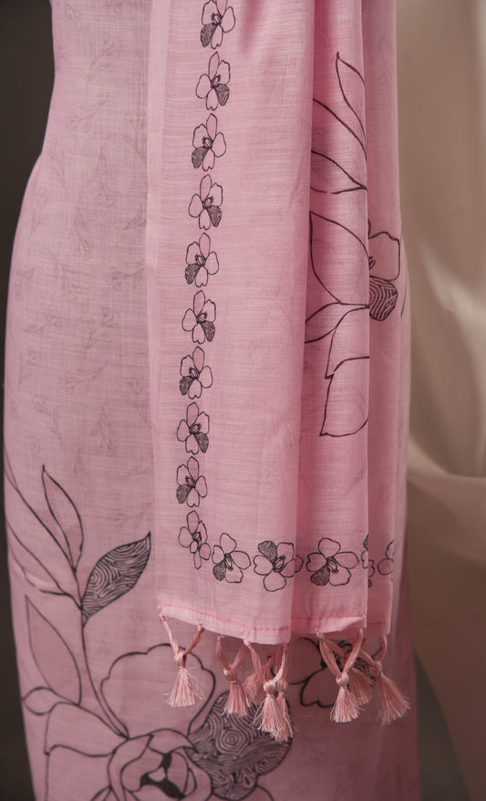 Outline Floral Pink Unstitched Suit with Black Floral Print and Tassel Dupatta