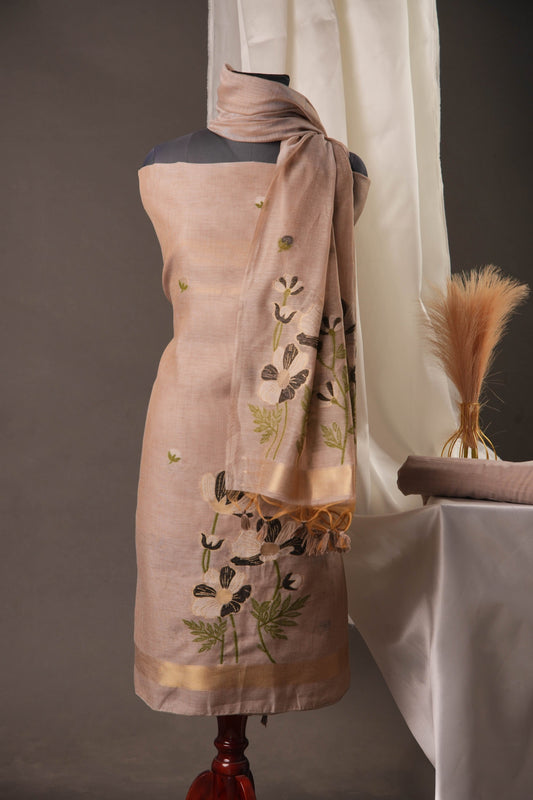 Grey Muga Cotton Unstitched Suit with Black Floral Weaving & Tassel Dupatta