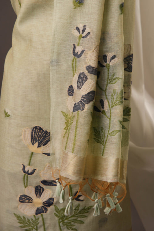 Pista Green Muga Cotton Unstitched Suit with Black Floral Weaving & Tassel Dupatta