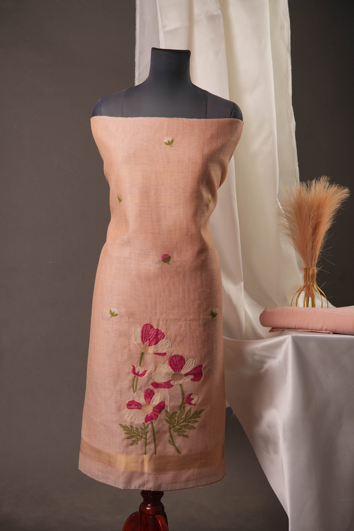 Blush Pink Muga Cotton Unstitched Suit with Pink Floral Weaving & Tassel Dupatta