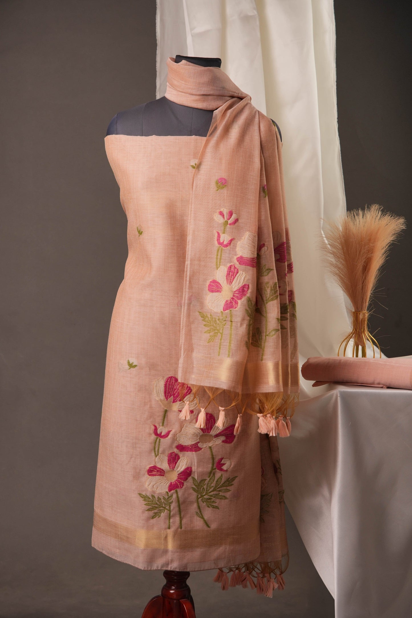 Blush Pink Muga Cotton Unstitched Suit with Pink Floral Weaving & Tassel Dupatta