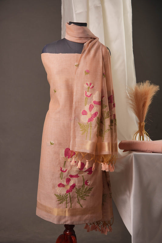Blush Pink Muga Cotton Unstitched Suit with Pink Floral Weaving & Tassel Dupatta
