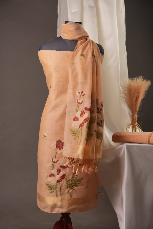 Peach Blossom Muga Cotton Unstitched Suit with Red Floral Weaving & Tassel Dupatta