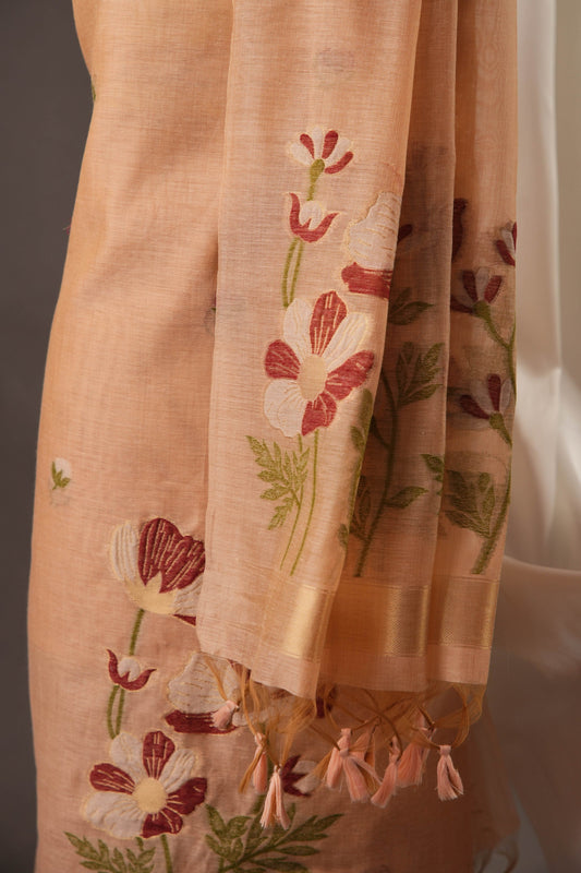 Peach Blossom Muga Cotton Unstitched Suit with Red Floral Weaving & Tassel Dupatta
