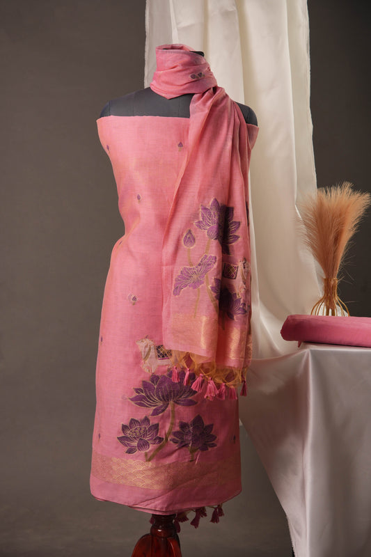 Lotus Floral Pink Muga Cotton Unstitched Suit with Lotus & Cow Weaving and Tassel Dupatta
