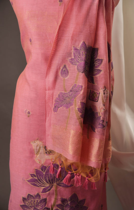 Lotus Floral Pink Muga Cotton Unstitched Suit with Lotus & Cow Weaving and Tassel Dupatta