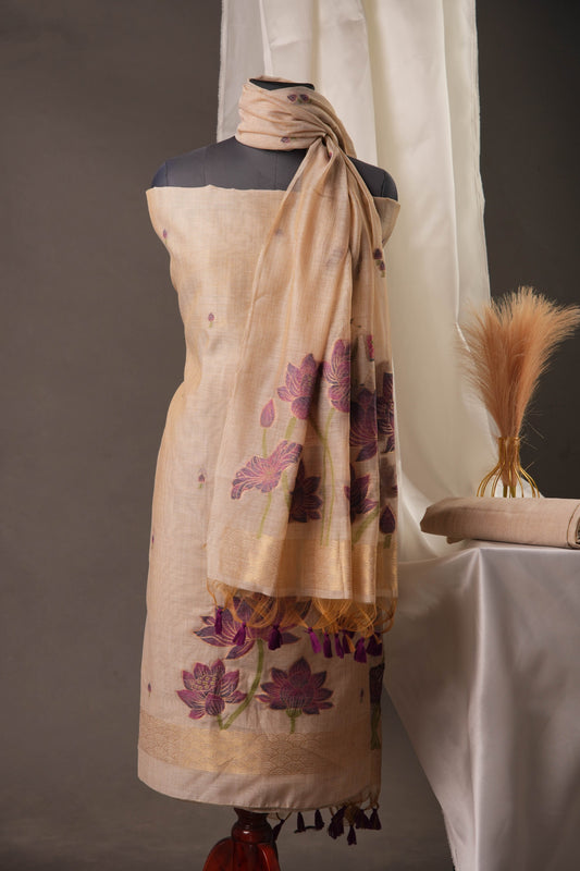 Lotus Floral Beige Muga Cotton Unstitched Suit with Lotus & Cow Weaving and Tassel Dupatta