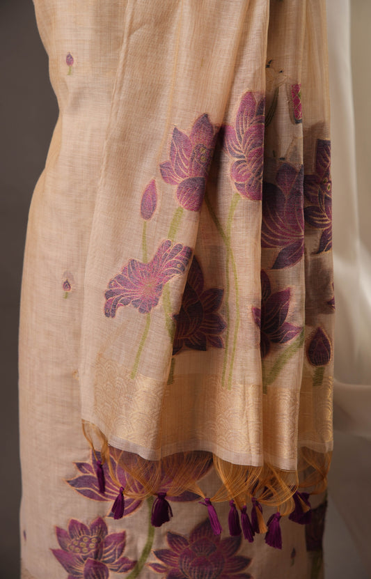 Lotus Floral Beige Muga Cotton Unstitched Suit with Lotus & Cow Weaving and Tassel Dupatta