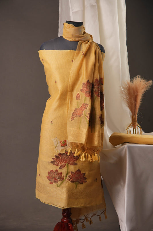 Lotus Floral Golden Yellow Muga Cotton Unstitched Suit with Lotus & Cow Weaving and Tassel Dupatta