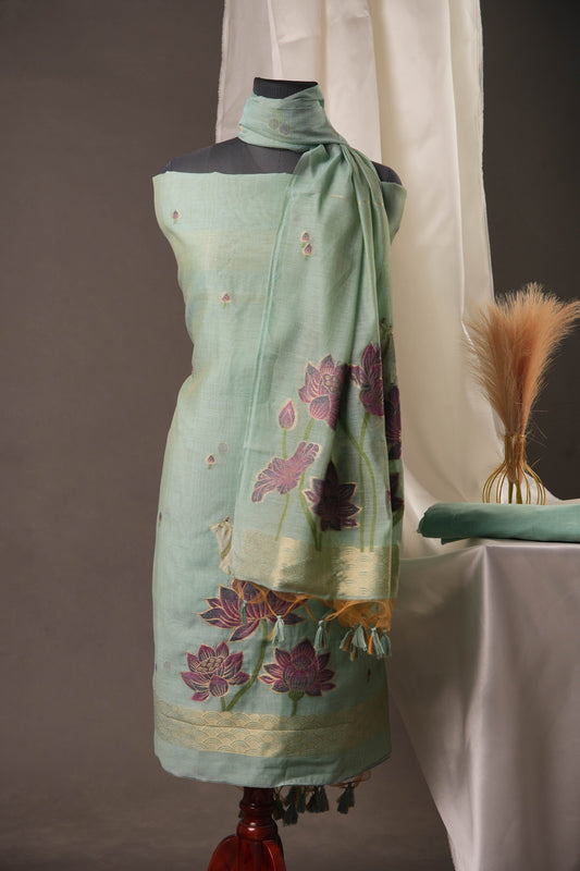 Lotus Floral Sky Blue Muga Cotton Unstitched Suit with Lotus & Cow Weaving and Tassel Dupatta