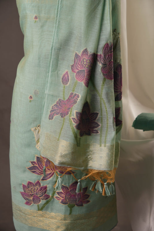 Lotus Floral Sky Blue Muga Cotton Unstitched Suit with Lotus & Cow Weaving and Tassel Dupatta