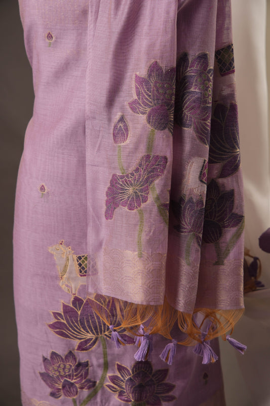 Lotus Floral Lavender Muga Cotton Unstitched Suit with Lotus & Cow Weaving and Tassel Dupatta