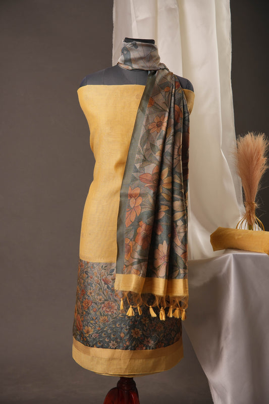 Golden Mustard Muga Cotton Unstitched Suit with Peacock & Floral Digital Print Dupatta