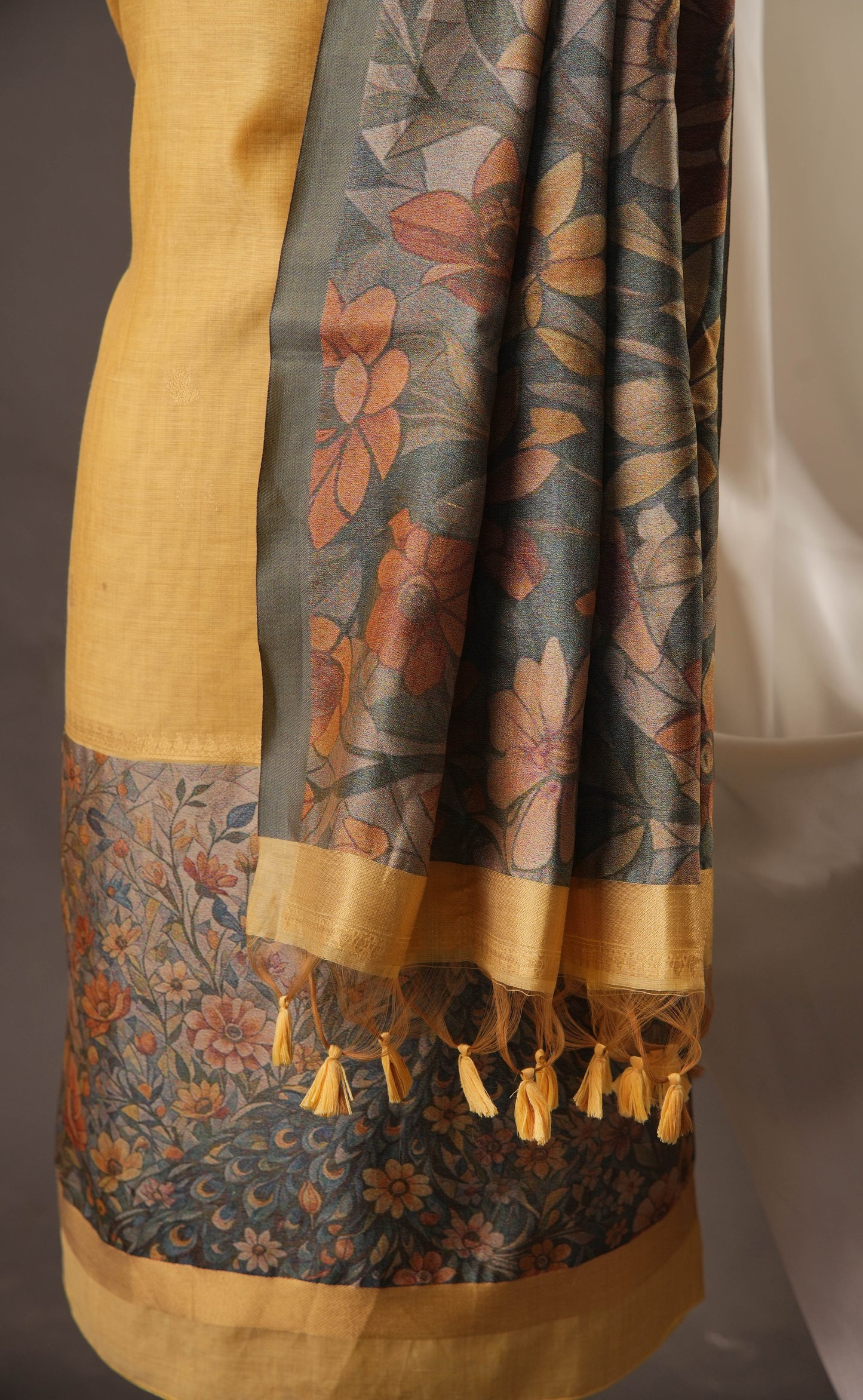 Golden Mustard Muga Cotton Unstitched Suit with Peacock & Floral Digital Print Dupatta