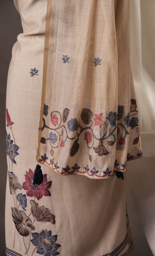 Elegant Beige Muslin Cotton Unstitched Suit with Multicolour Weaving Dupatta