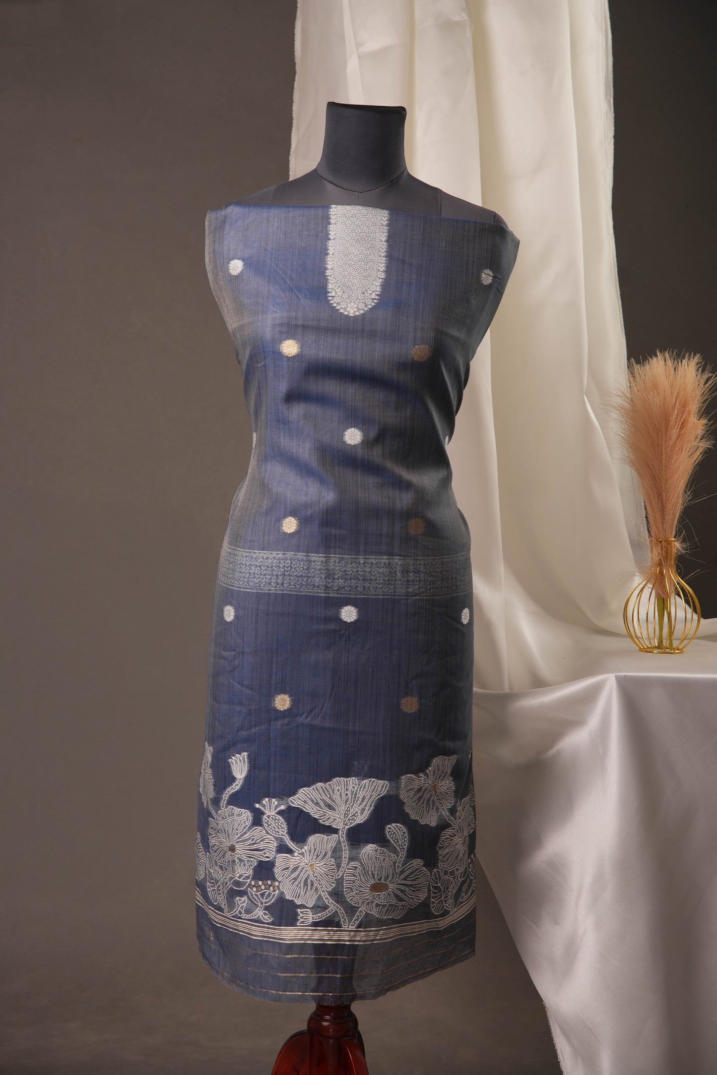 Floral Embroidery Midnight Blue Soft Cotton Unstitched Suit with Coordinated Dupatta
