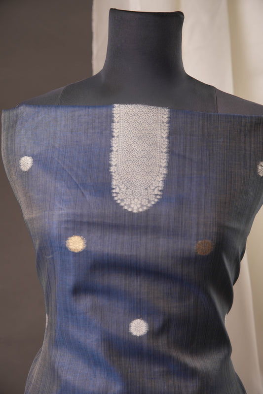 Floral Embroidery Midnight Blue Soft Cotton Unstitched Suit with Coordinated Dupatta