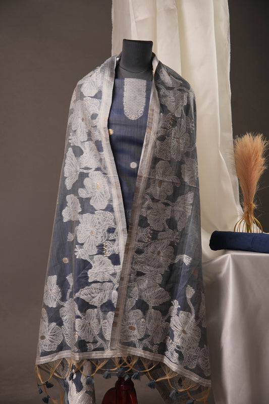 Floral Embroidery Midnight Blue Soft Cotton Unstitched Suit with Coordinated Dupatta