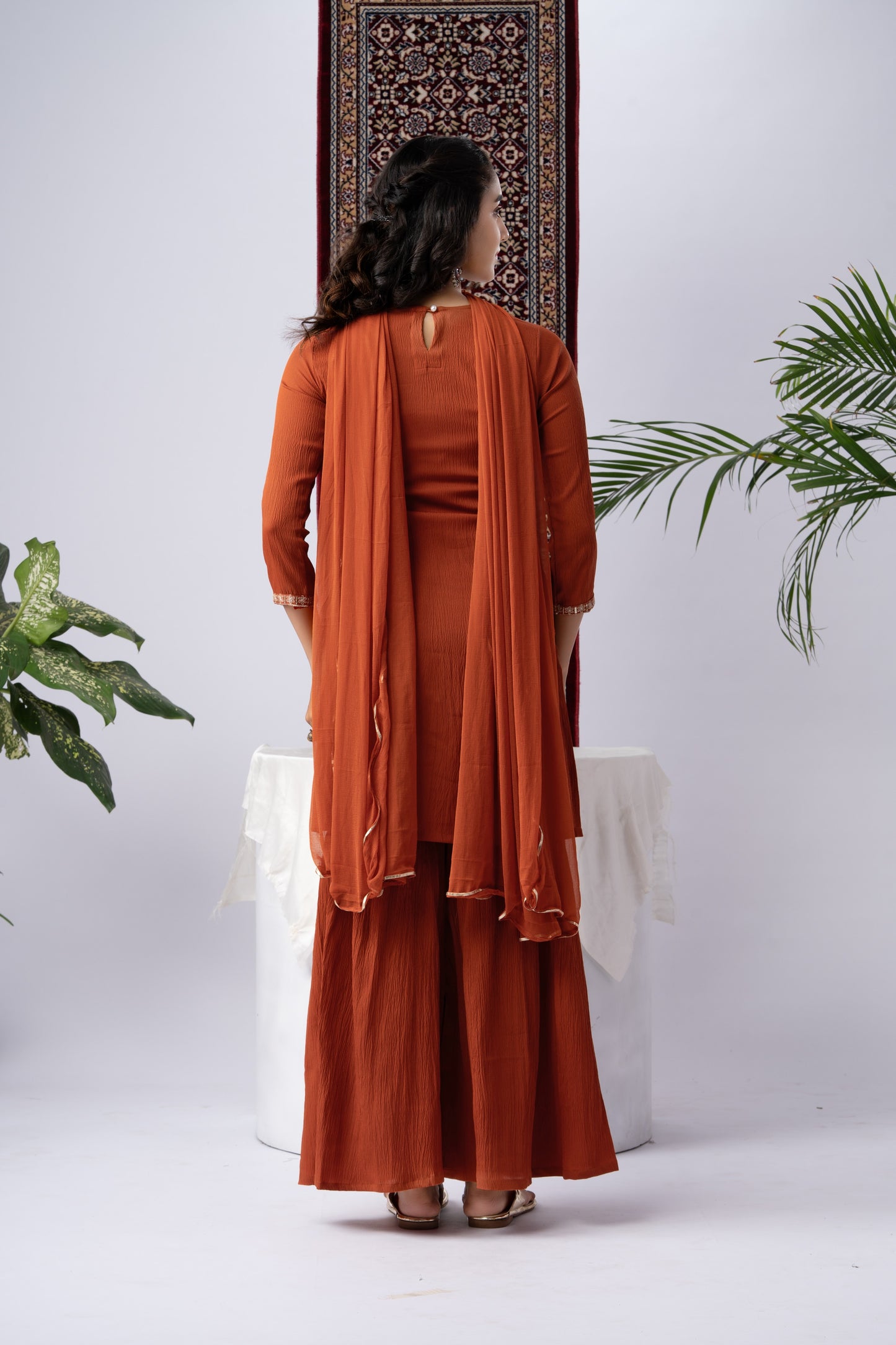 Rust Orange Berlin Crush Kurta Set with Embroidered Yoke