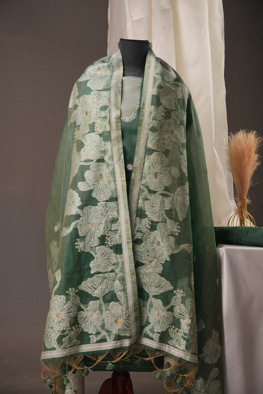 Floral Embroidered Teal Green Soft Cotton Unstitched Suit with Coordinated Dupatta