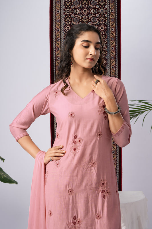 Blush Pink Viscose Rayon Kurta Set with Floral Embroidery