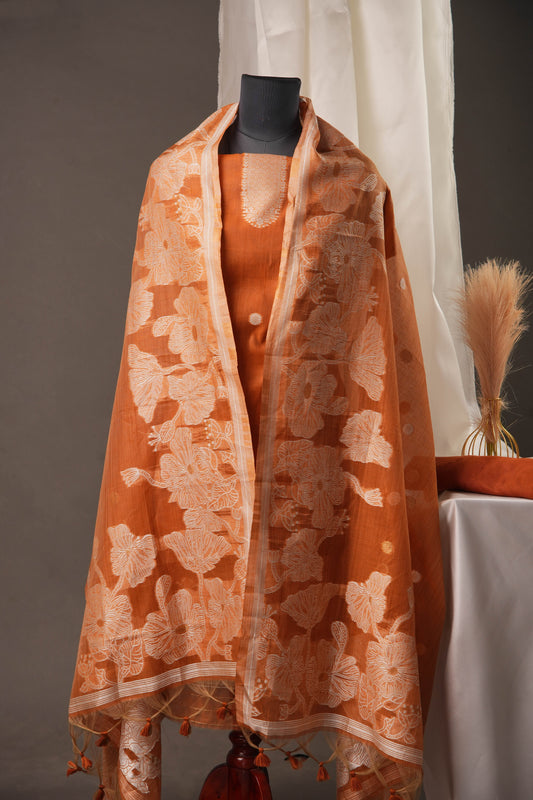 Floral Embroidered Rust Orange Soft Cotton Unstitched Suit with Coordinated Dupatta