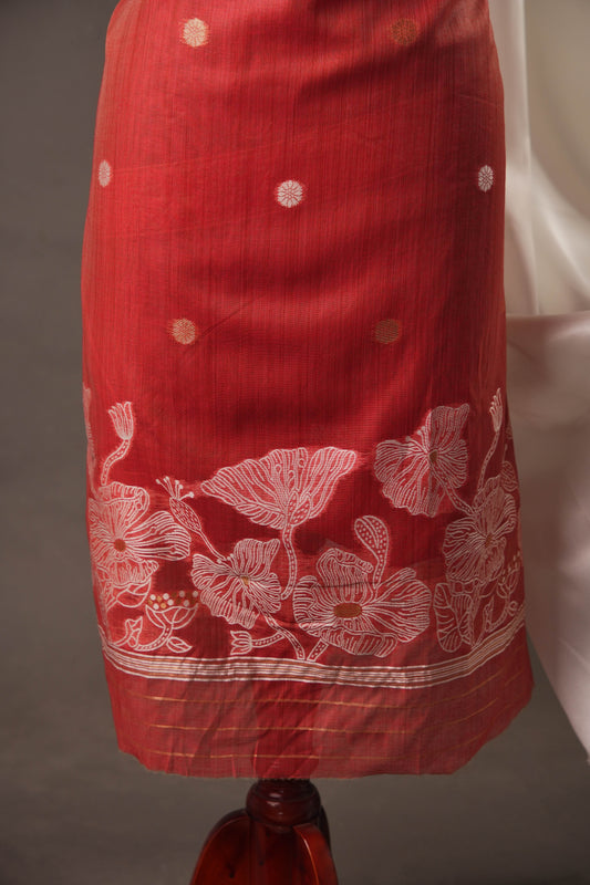 Floral Embroidered Rust Red Soft Cotton Unstitched Suit with Coordinated Dupatta
