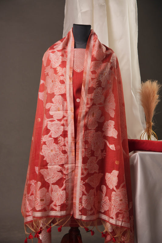 Floral Embroidered Rust Red Soft Cotton Unstitched Suit with Coordinated Dupatta