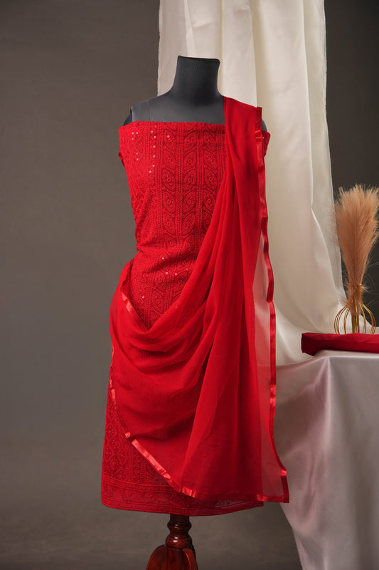 Elegant Red Georgette Unstitched Suit with Sequence Work & Solid Chiffon Dupatta