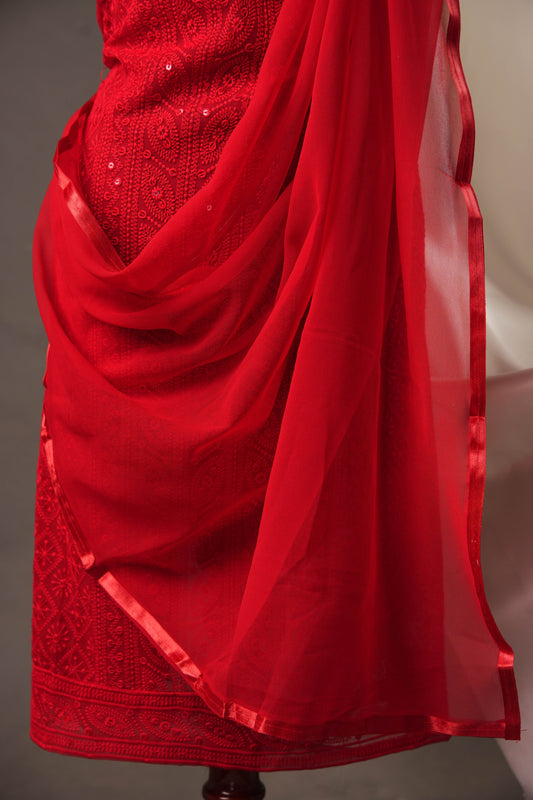 Elegant Red Georgette Unstitched Suit with Sequence Work & Solid Chiffon Dupatta