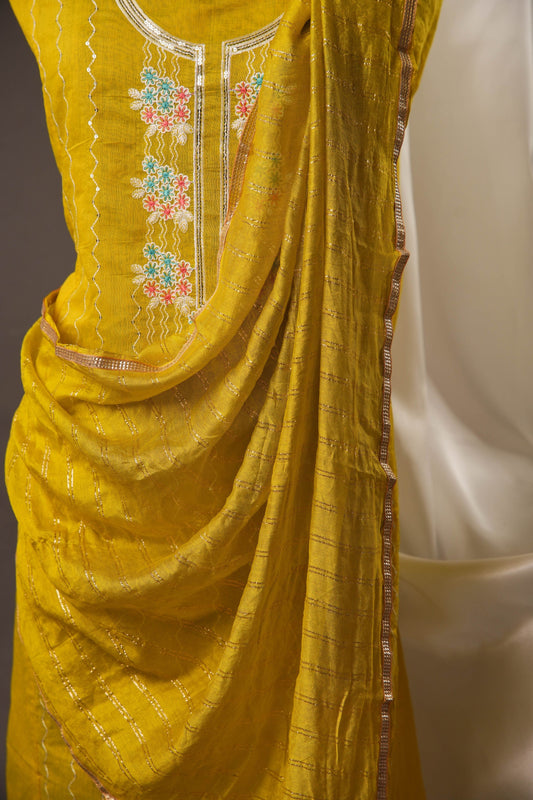 Warm Pista Green Chanderi Cotton Unstitched Suit with Embroidery With Sequence & Zari-line Dupatta