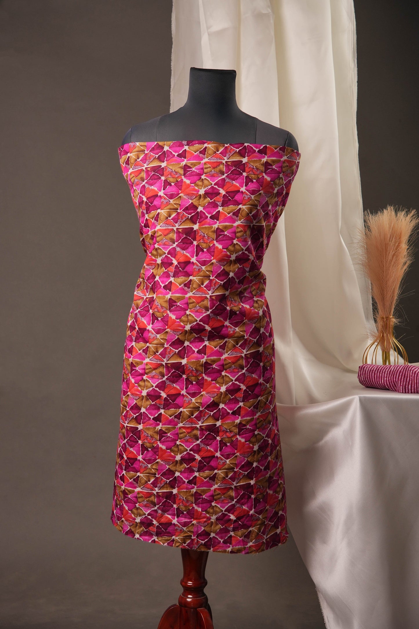 Geometric Rose Pink Cotton Unstitched Suit with Bold Marron Floral Printed Dupatta