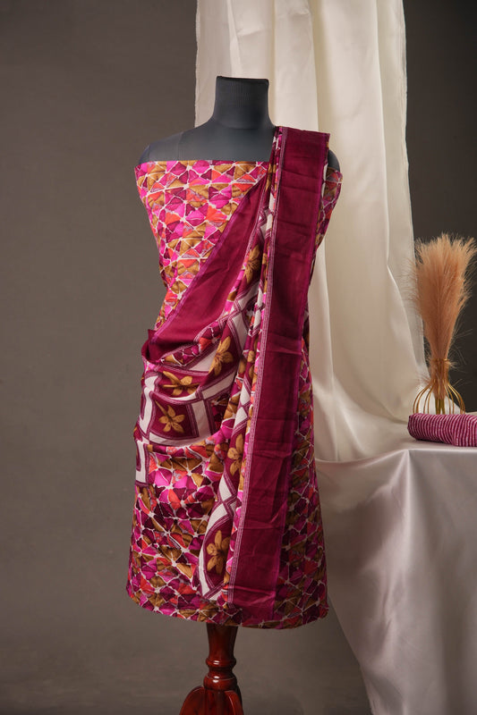 Geometric Rose Pink Cotton Unstitched Suit with Bold Marron Floral Printed Dupatta