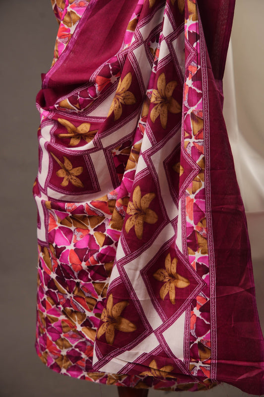 Geometric Rose Pink Cotton Unstitched Suit with Bold Marron Floral Printed Dupatta