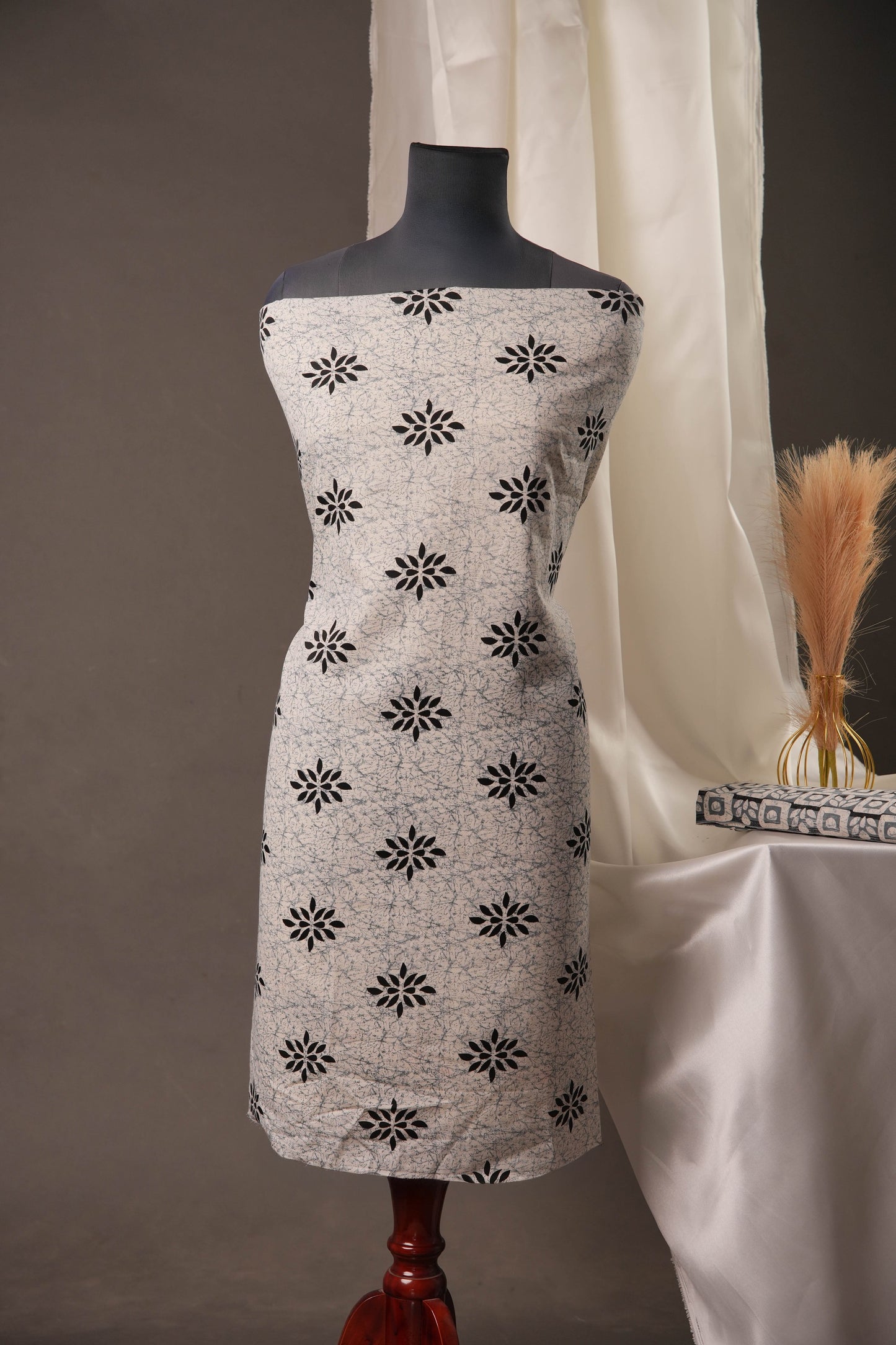 Elegant Grey Cotton Unstitched Suit with Black Floral Print and Printed Dupatta