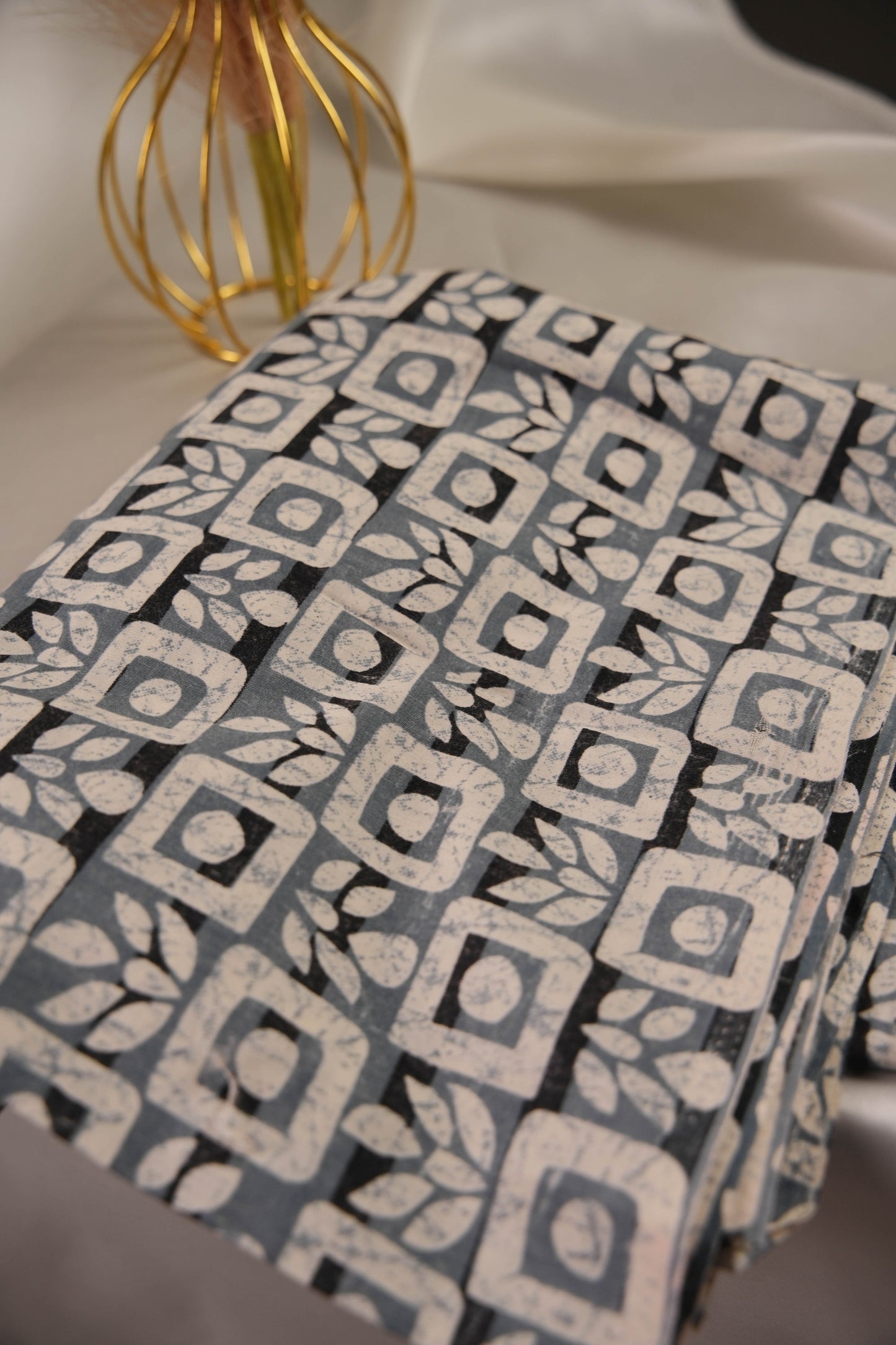 Elegant Grey Cotton Unstitched Suit with Black Floral Print and Printed Dupatta