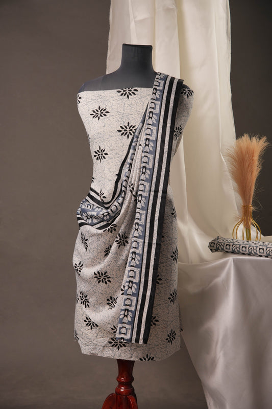 Elegant Grey Cotton Unstitched Suit with Black Floral Print and Printed Dupatta
