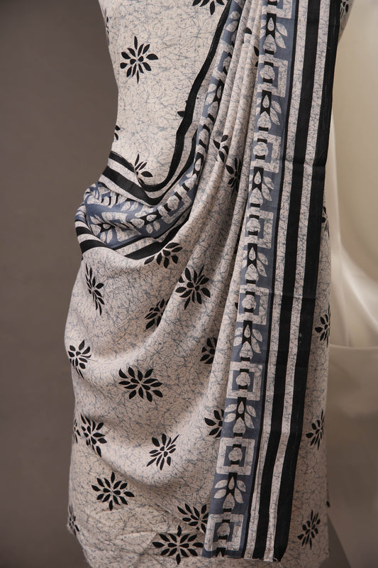 Elegant Grey Cotton Unstitched Suit with Black Floral Print and Printed Dupatta