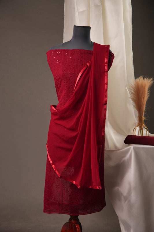 Elegant Maroon Georgette Unstitched Suit with Sequence Work & Solid Chiffon Dupatta