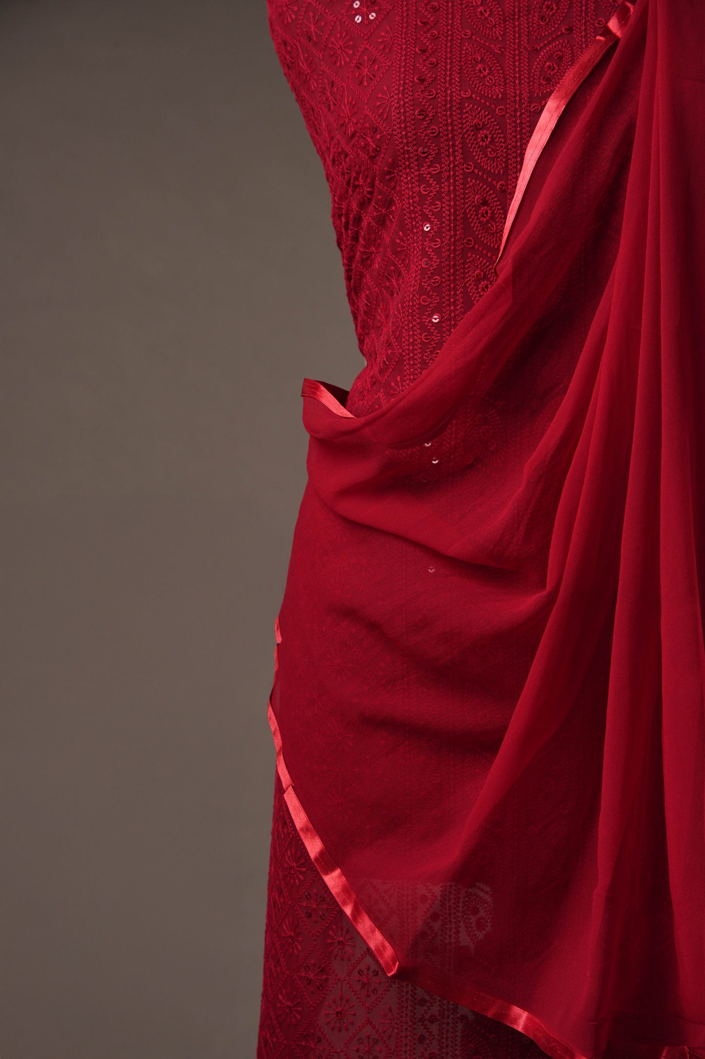 Elegant Maroon Georgette Unstitched Suit with Sequence Work & Solid Chiffon Dupatta