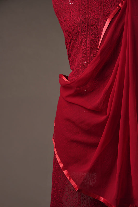 Elegant Maroon Georgette Unstitched Suit with Sequence Work & Solid Chiffon Dupatta
