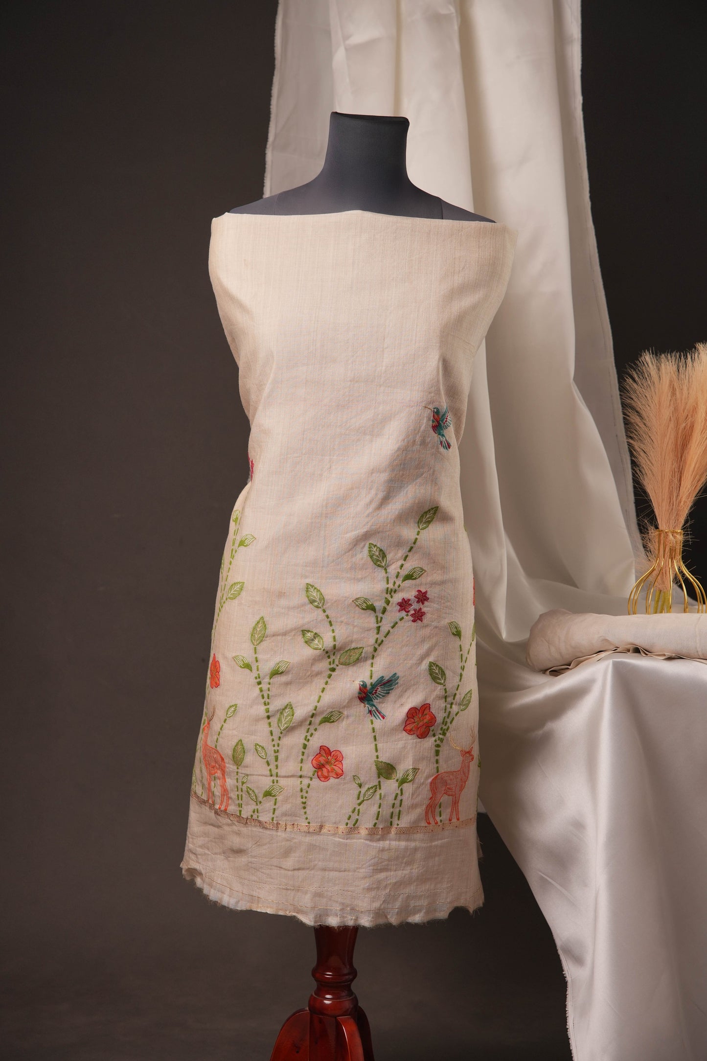 Beige Muslin Cotton Unstitched Suit with Multicolour Weaving Floral & Animal Motifs