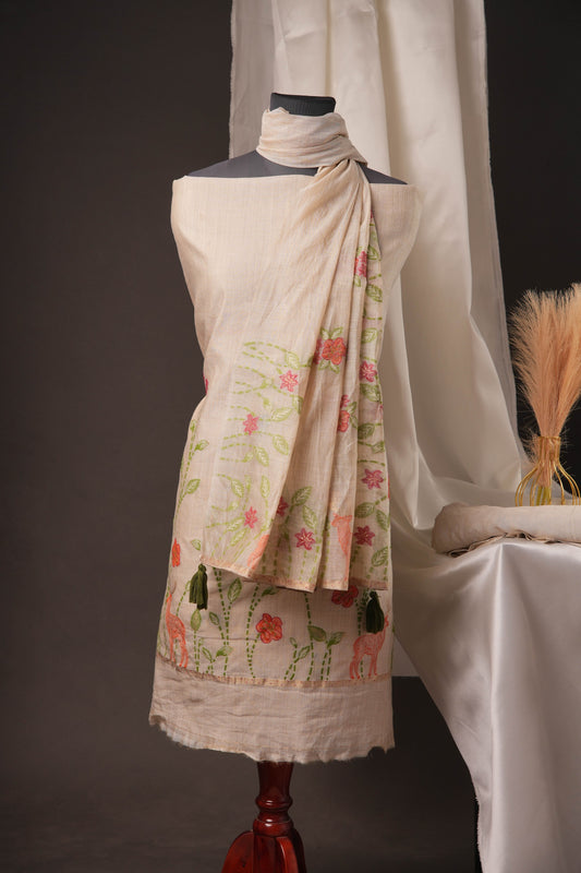 Beige Muslin Cotton Unstitched Suit with Multicolour Weaving Floral & Animal Motifs