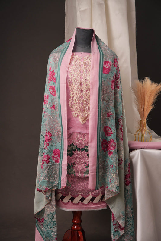 Pink Pakistani Unstitched Suit with Embroidered Neck Patch & Dual Sleeve Borders.