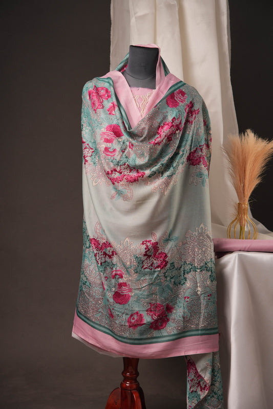 Pink Pakistani Unstitched Suit with Embroidered Neck Patch & Dual Sleeve Borders.