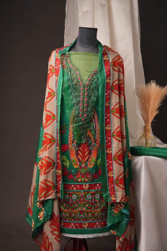 Green Pakistani Unstitched Suit with Embroidered Neck Patch & Puff Sleeve.