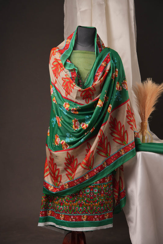 Green Pakistani Unstitched Suit with Embroidered Neck Patch & Puff Sleeve.